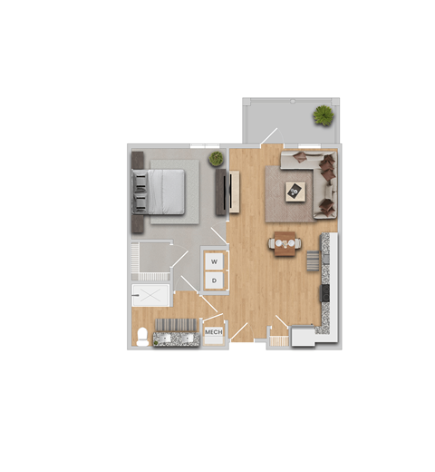 Floor plan for 1 bed, 1 bath, 751 sqft